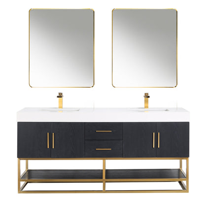 Bianco 72" Double Bathroom Vanity in Black Oak with Brushed Gold Support Base and White Engineered Stone Countertop with Mirror