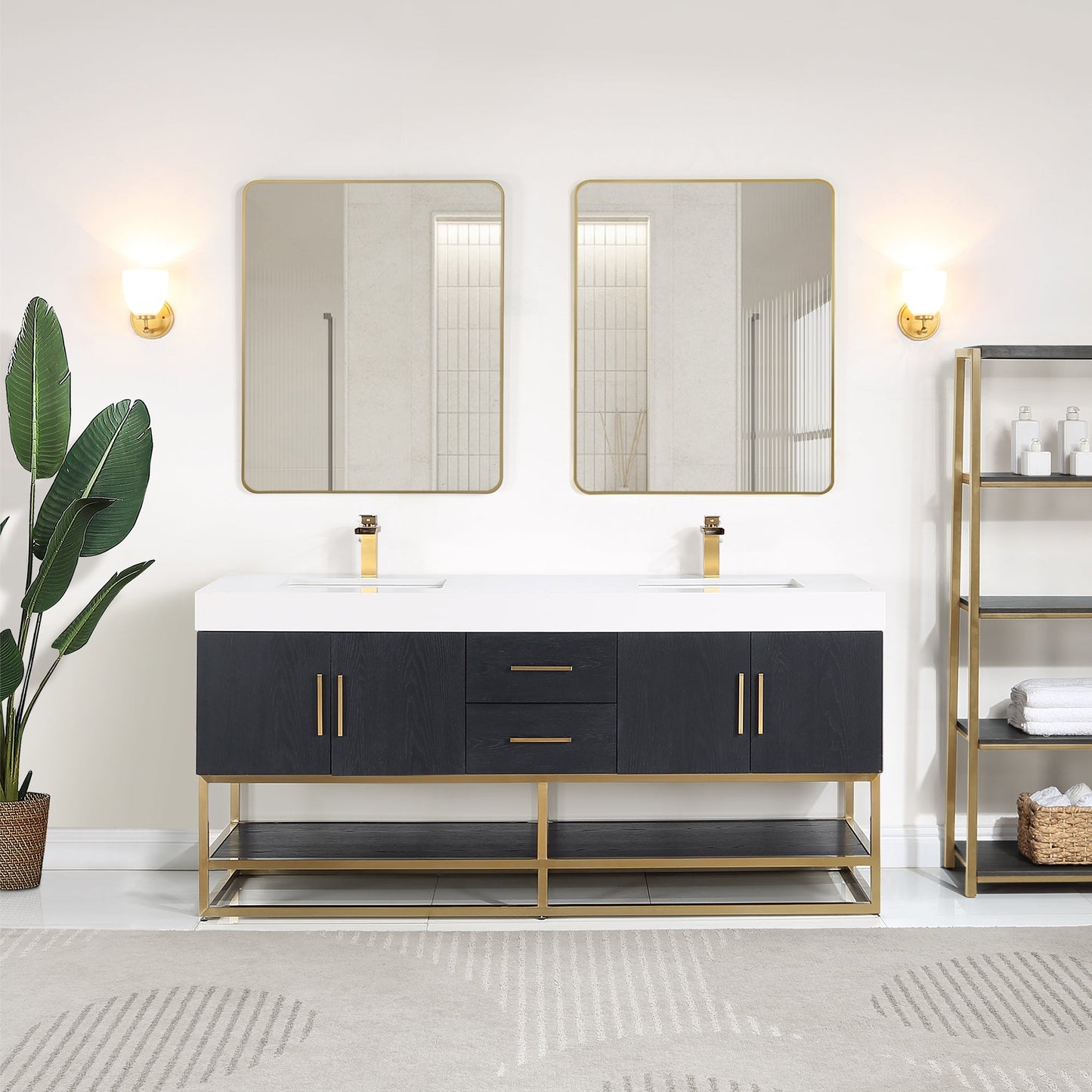 Bianco 72" Double Bathroom Vanity in Black Oak with Brushed Gold Support Base and White Engineered Stone Countertop with Mirror