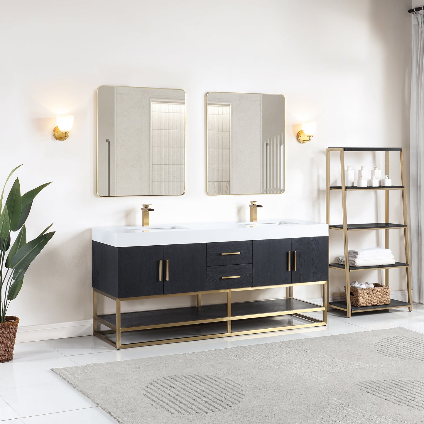 Bianco 72" Double Bathroom Vanity in Black Oak with Brushed Gold Support Base and White Engineered Stone Countertop with Mirror