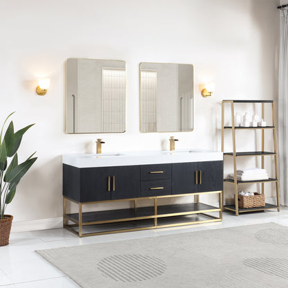 Bianco 72" Double Bathroom Vanity in Black Oak with Brushed Gold Support Base and White Engineered Stone Countertop with Mirror