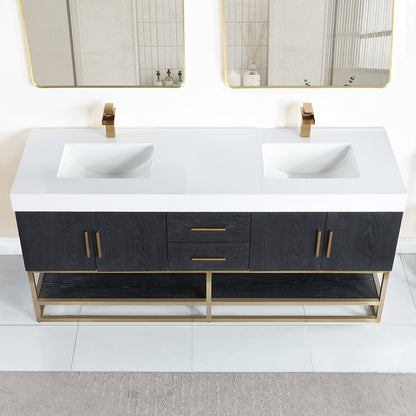 Bianco 72" Double Bathroom Vanity in Black Oak with Brushed Gold Support Base and White Engineered Stone Countertop with Mirror