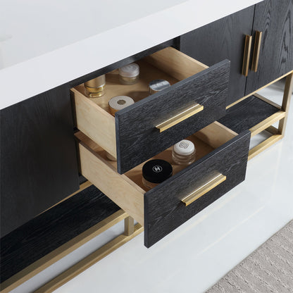 Bianco 72" Double Bathroom Vanity in Black Oak with Brushed Gold Support Base and White Engineered Stone Countertop with Mirror