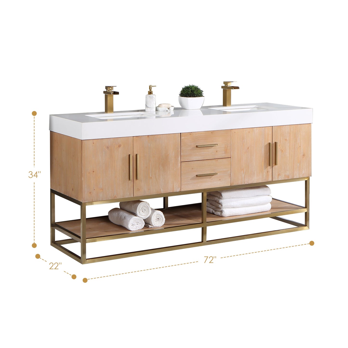 Bianco 72" Double Bathroom Vanity in Light Brown with Brushed Gold Support Base and White Engineered Stone Countertop without Mirror