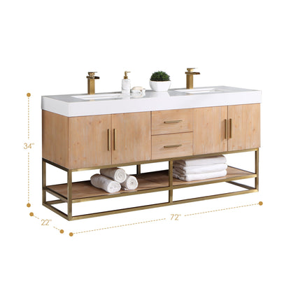 Bianco 72" Double Bathroom Vanity in Light Brown with Brushed Gold Support Base and White Engineered Stone Countertop without Mirror