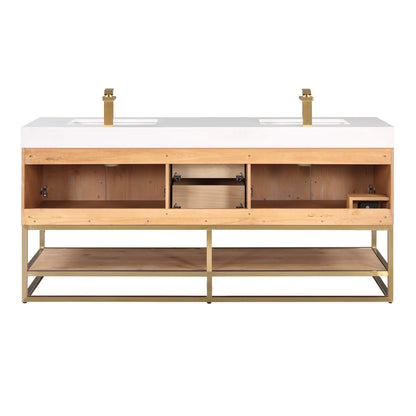 Bianco 72" Double Bathroom Vanity in Light Brown with Brushed Gold Support Base and White Engineered Stone Countertop without Mirror