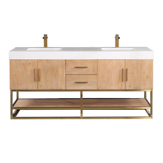 Bianco 72" Double Bathroom Vanity in Light Brown with Brushed Gold Support Base and White Engineered Stone Countertop without Mirror