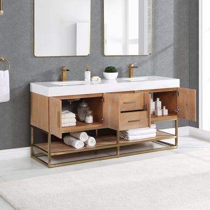 Bianco 72" Double Bathroom Vanity in Light Brown with Brushed Gold Support Base and White Engineered Stone Countertop without Mirror