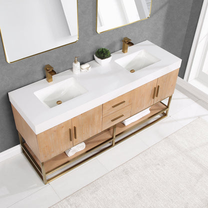 Bianco 72" Double Bathroom Vanity in Light Brown with Brushed Gold Support Base and White Engineered Stone Countertop without Mirror