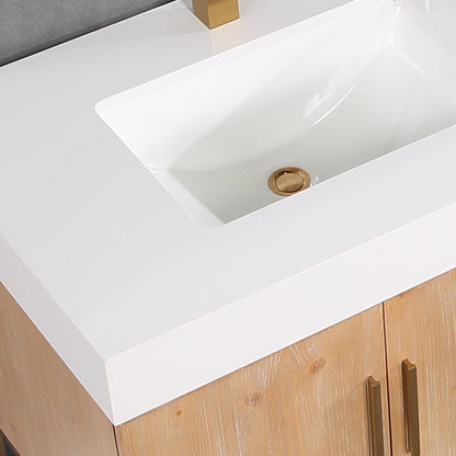 Bianco 72" Double Bathroom Vanity in Light Brown with Brushed Gold Support Base and White Engineered Stone Countertop without Mirror