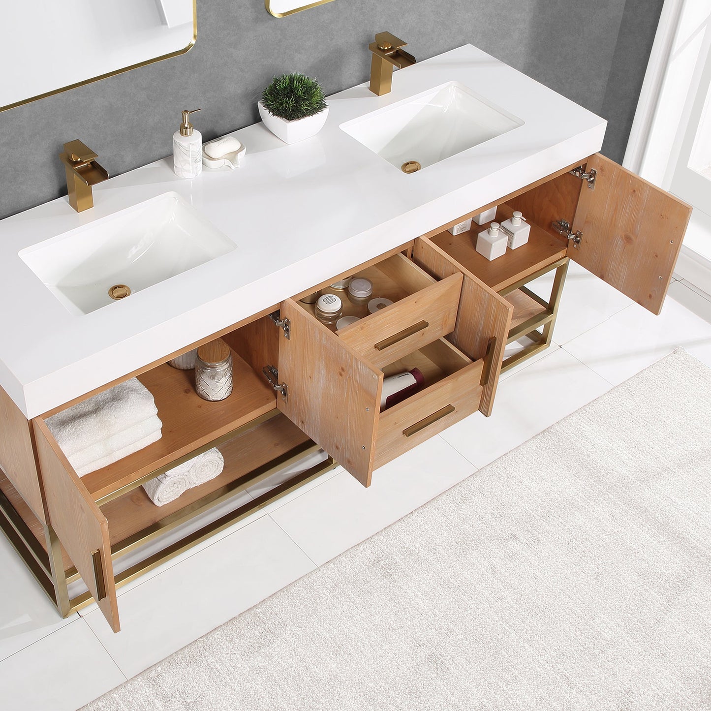 Bianco 72" Double Bathroom Vanity in Light Brown with Brushed Gold Support Base and White Engineered Stone Countertop without Mirror