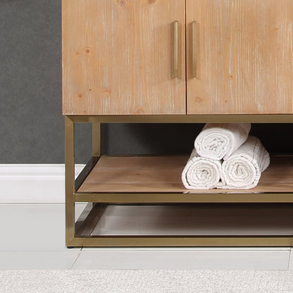 Bianco 72" Double Bathroom Vanity in Light Brown with Brushed Gold Support Base and White Engineered Stone Countertop without Mirror