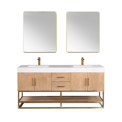Bianco 72" Double Bathroom Vanity in Light Brown with Brushed Gold Support Base and White Engineered Stone Countertop with Mirror