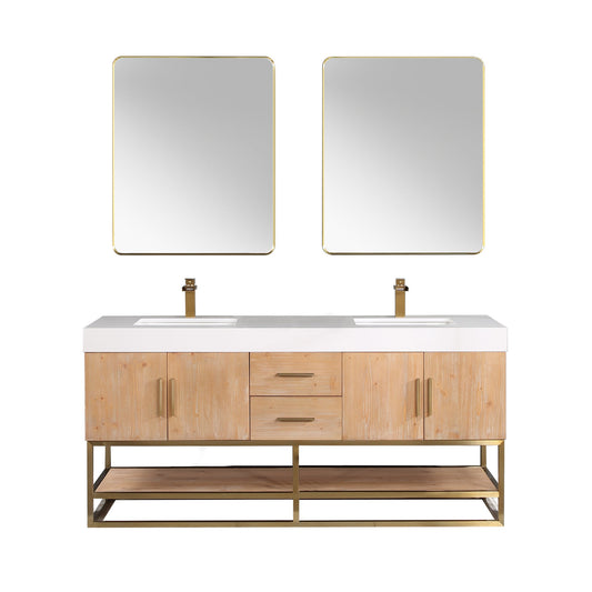 Bianco 72" Double Bathroom Vanity in Light Brown with Brushed Gold Support Base and White Engineered Stone Countertop with Mirror