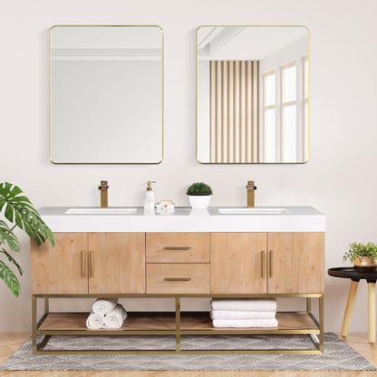 Bianco 72" Double Bathroom Vanity in Light Brown with Brushed Gold Support Base and White Engineered Stone Countertop with Mirror