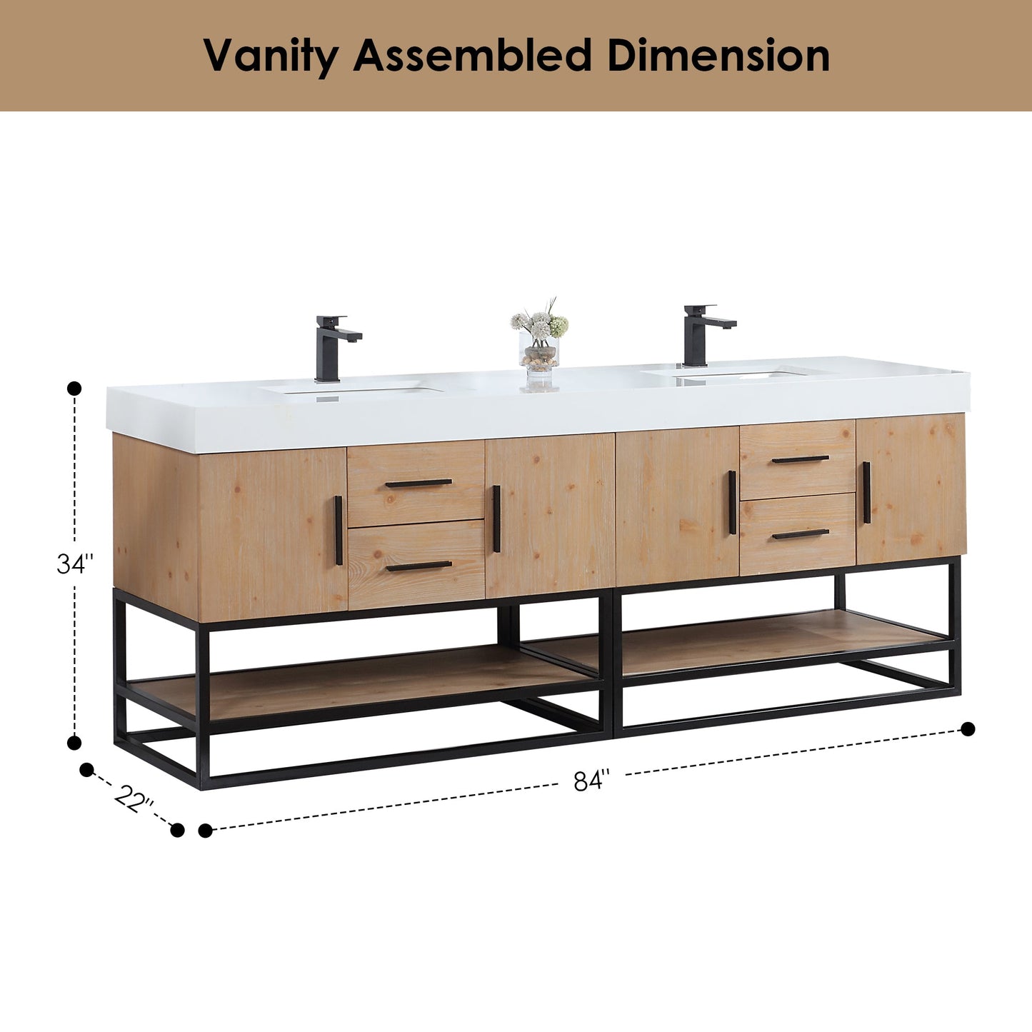 Bianco 84" Double Bathroom Vanity in Light Brown with Matte Black Support Base and White Engineered Stone Countertop without Mirror