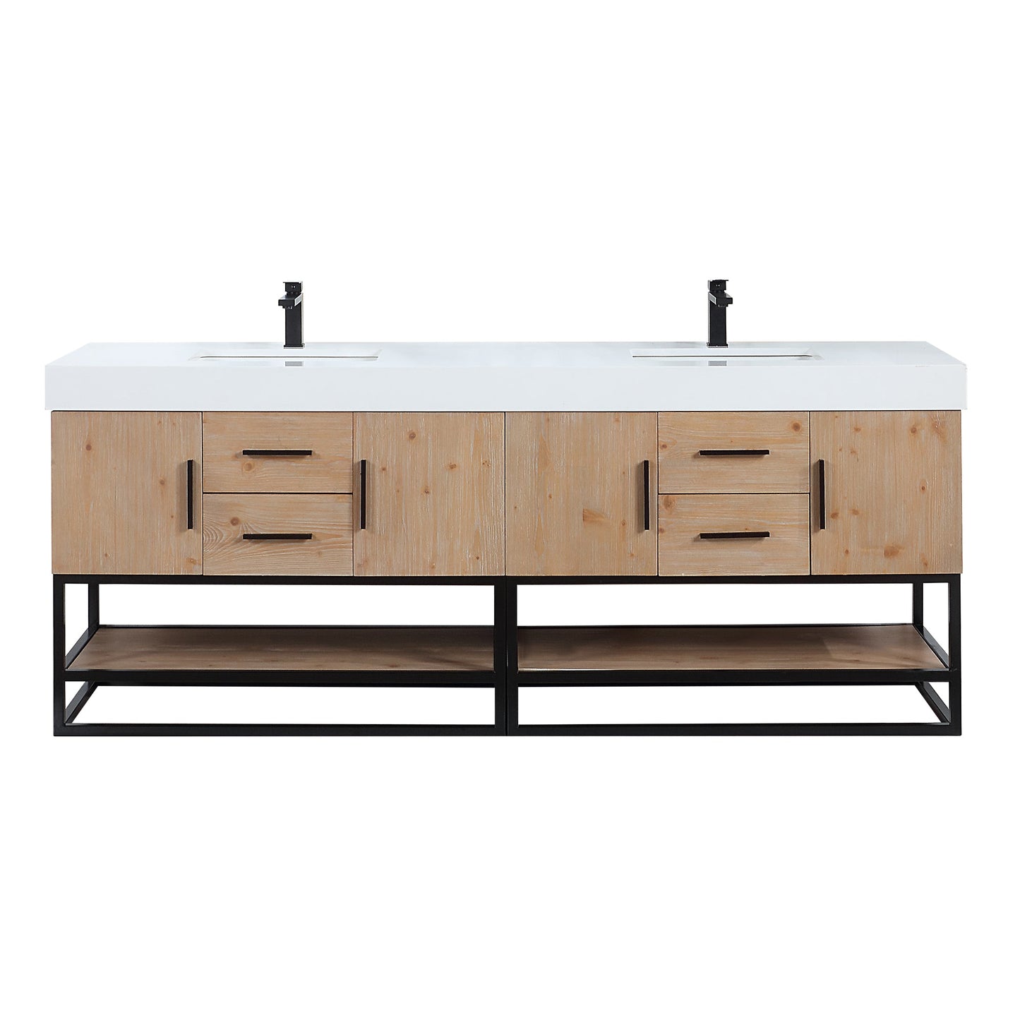 Bianco 84" Double Bathroom Vanity in Light Brown with Matte Black Support Base and White Engineered Stone Countertop without Mirror