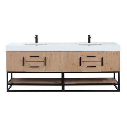 Bianco 84" Double Bathroom Vanity in Light Brown with Matte Black Support Base and White Engineered Stone Countertop without Mirror