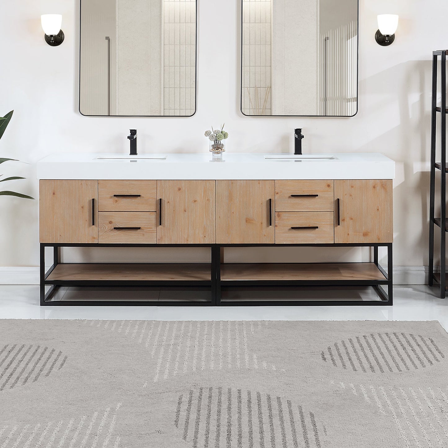 Bianco 84" Double Bathroom Vanity in Light Brown with Matte Black Support Base and White Engineered Stone Countertop without Mirror