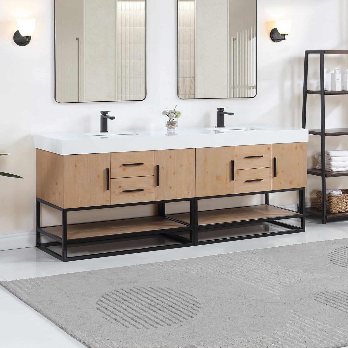 Bianco 84" Double Bathroom Vanity in Light Brown with Matte Black Support Base and White Engineered Stone Countertop without Mirror