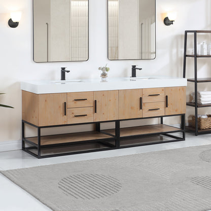 Bianco 84" Double Bathroom Vanity in Light Brown with Matte Black Support Base and White Engineered Stone Countertop without Mirror