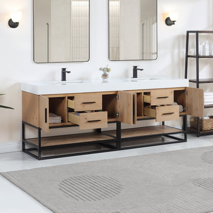 Bianco 84" Double Bathroom Vanity in Light Brown with Matte Black Support Base and White Engineered Stone Countertop without Mirror