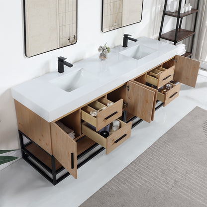 Bianco 84" Double Bathroom Vanity in Light Brown with Matte Black Support Base and White Engineered Stone Countertop without Mirror