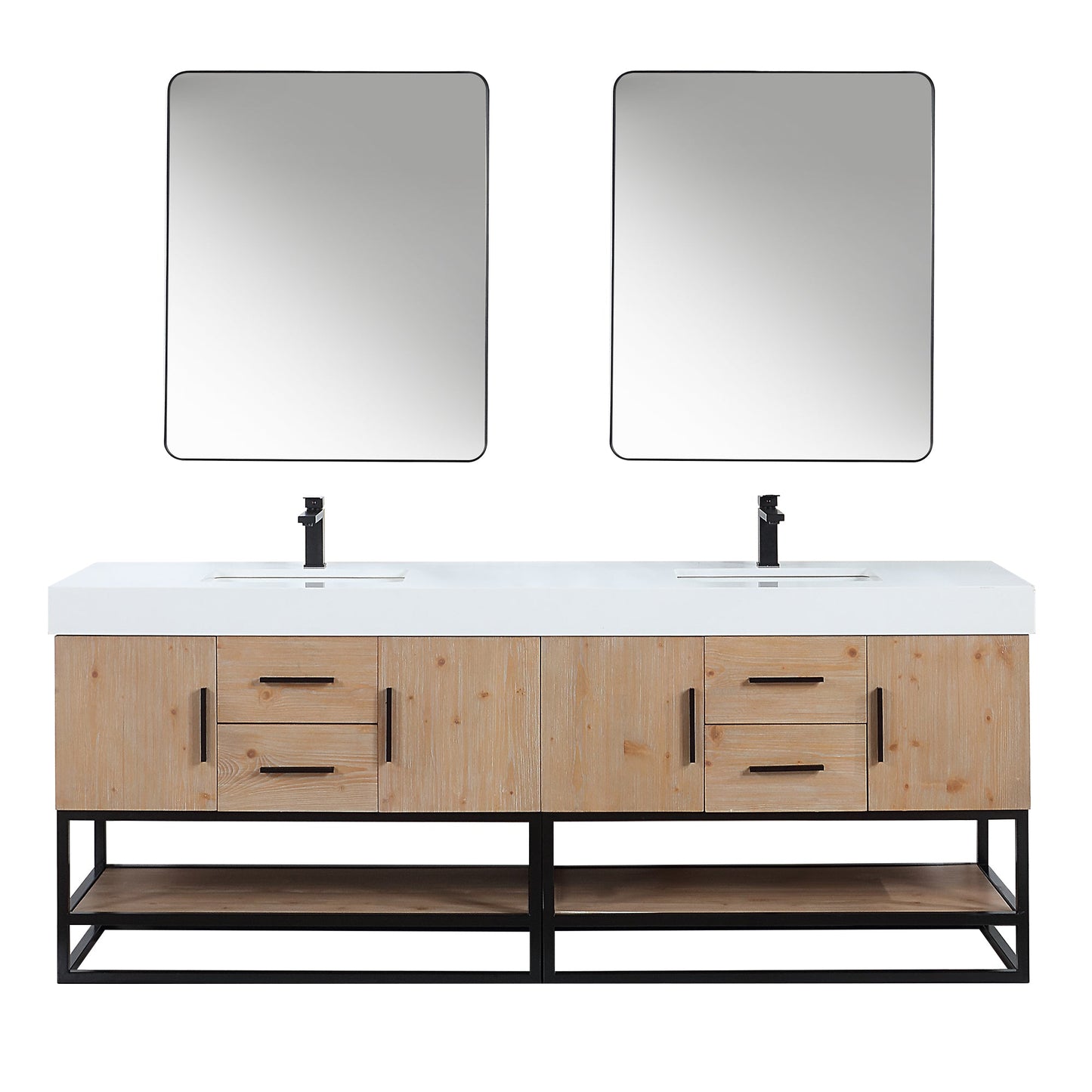 Bianco 84" Double Bathroom Vanity in Light Brown with Matte Black Support Base and White Engineered Stone Countertop with Mirror