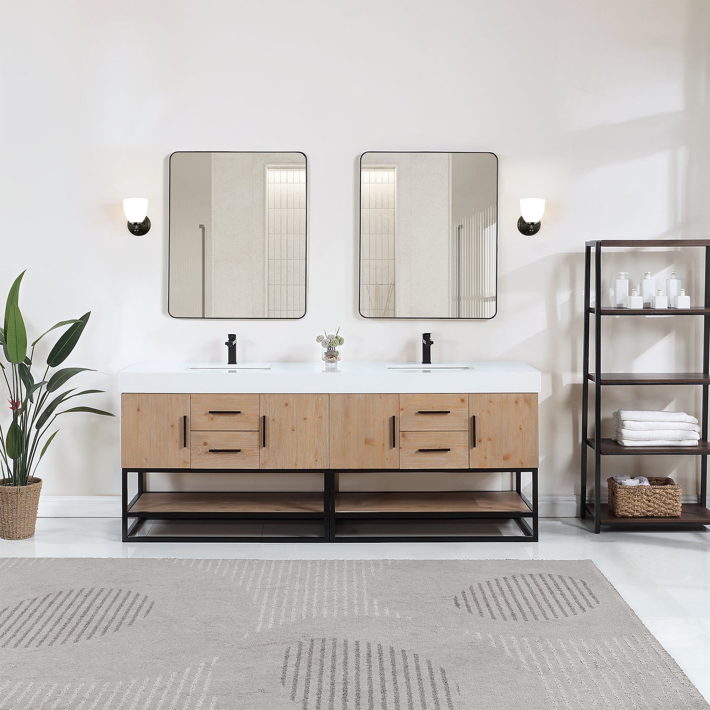 Bianco 84" Double Bathroom Vanity in Light Brown with Matte Black Support Base and White Engineered Stone Countertop with Mirror