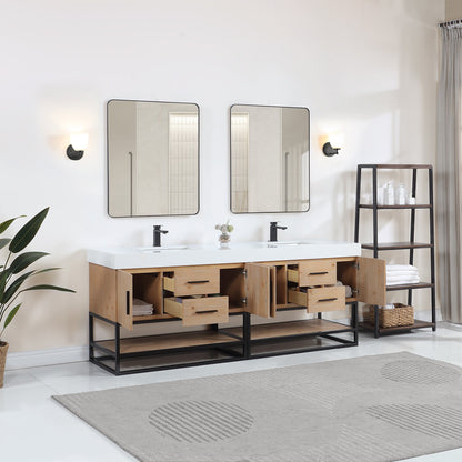 Bianco 84" Double Bathroom Vanity in Light Brown with Matte Black Support Base and White Engineered Stone Countertop with Mirror