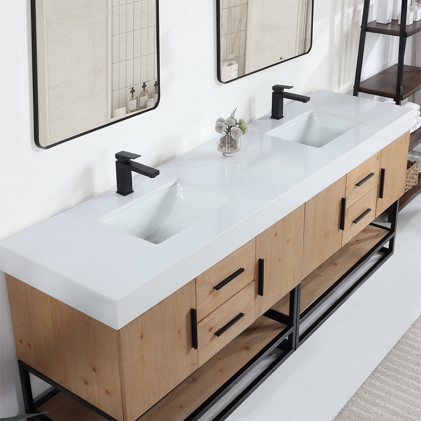 Bianco 84" Double Bathroom Vanity in Light Brown with Matte Black Support Base and White Engineered Stone Countertop with Mirror