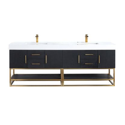 Bianco 84" Double Bathroom Vanity in Black Oak with Brushed Gold Support Base and White Engineered Stone Countertop without Mirror