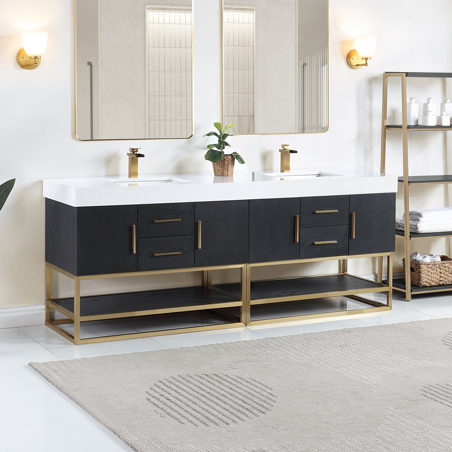 Bianco 84" Double Bathroom Vanity in Black Oak with Brushed Gold Support Base and White Engineered Stone Countertop without Mirror