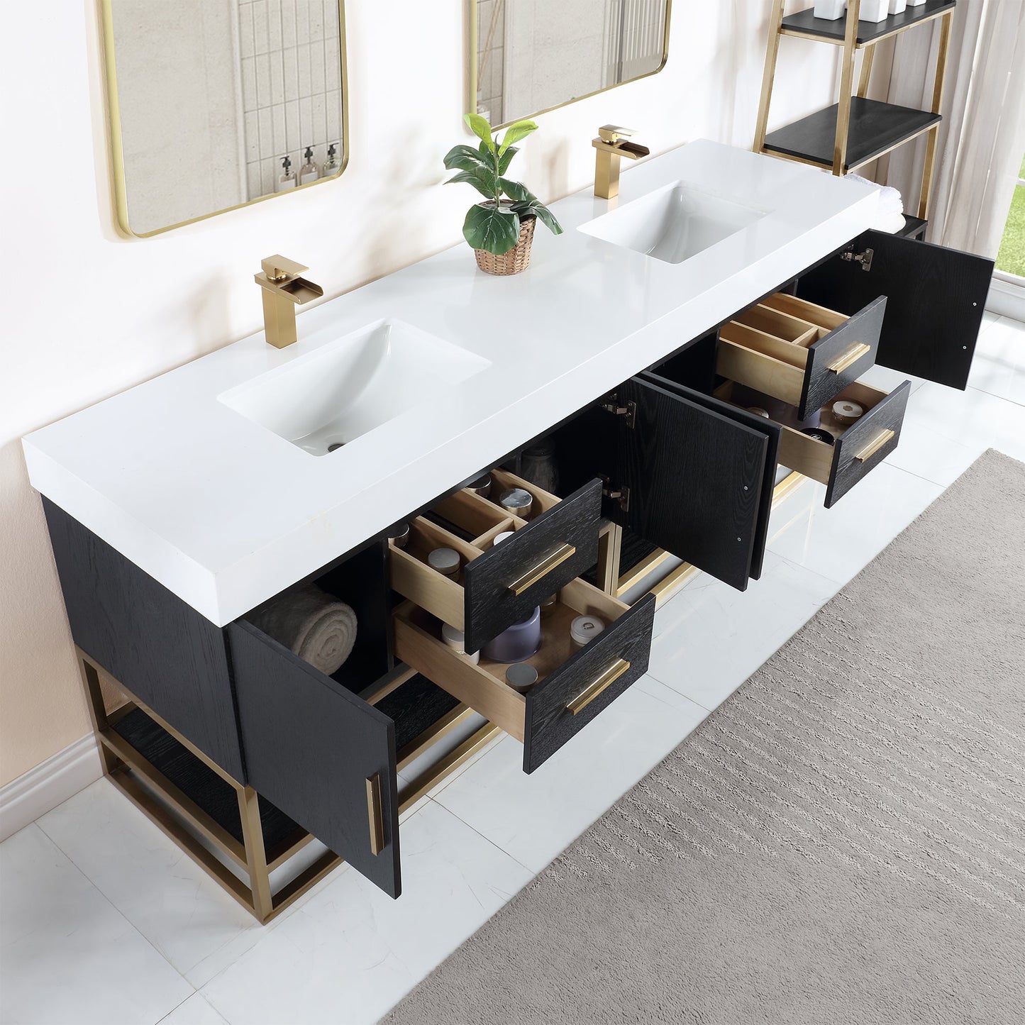 Bianco 84" Double Bathroom Vanity in Black Oak with Brushed Gold Support Base and White Engineered Stone Countertop with Mirror