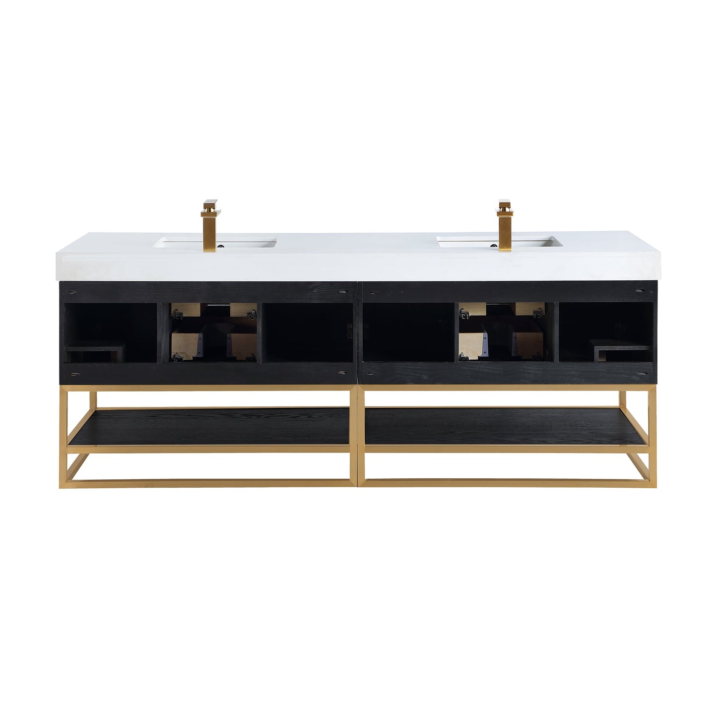 Bianco 84" Double Bathroom Vanity in Black Oak with Brushed Gold Support Base and White Engineered Stone Countertop with Mirror