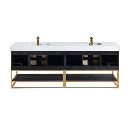 Bianco 84" Double Bathroom Vanity in Black Oak with Brushed Gold Support Base and White Engineered Stone Countertop with Mirror