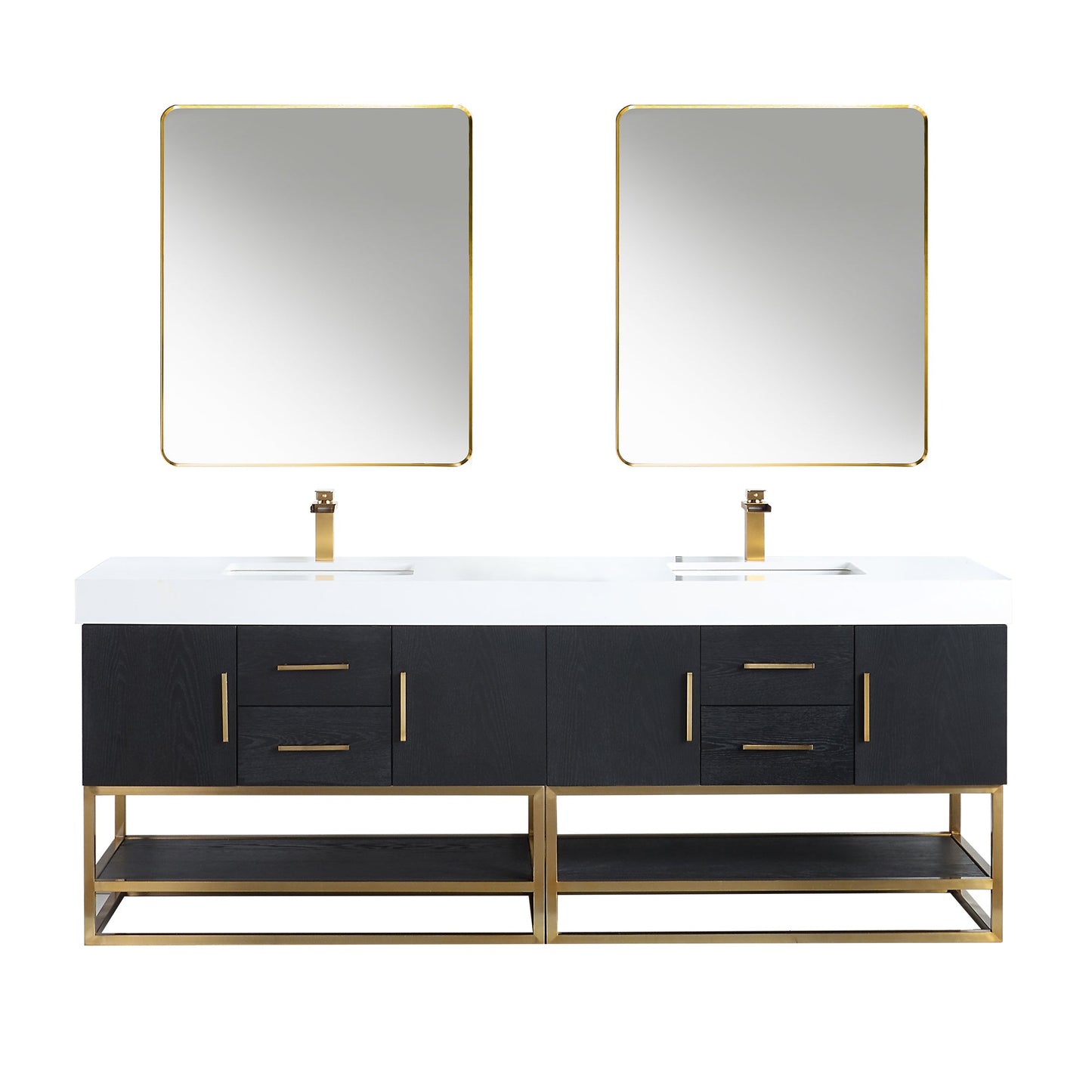 Bianco 84" Double Bathroom Vanity in Black Oak with Brushed Gold Support Base and White Engineered Stone Countertop with Mirror