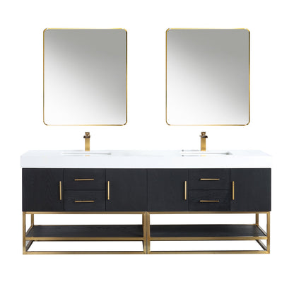 Bianco 84" Double Bathroom Vanity in Black Oak with Brushed Gold Support Base and White Engineered Stone Countertop with Mirror