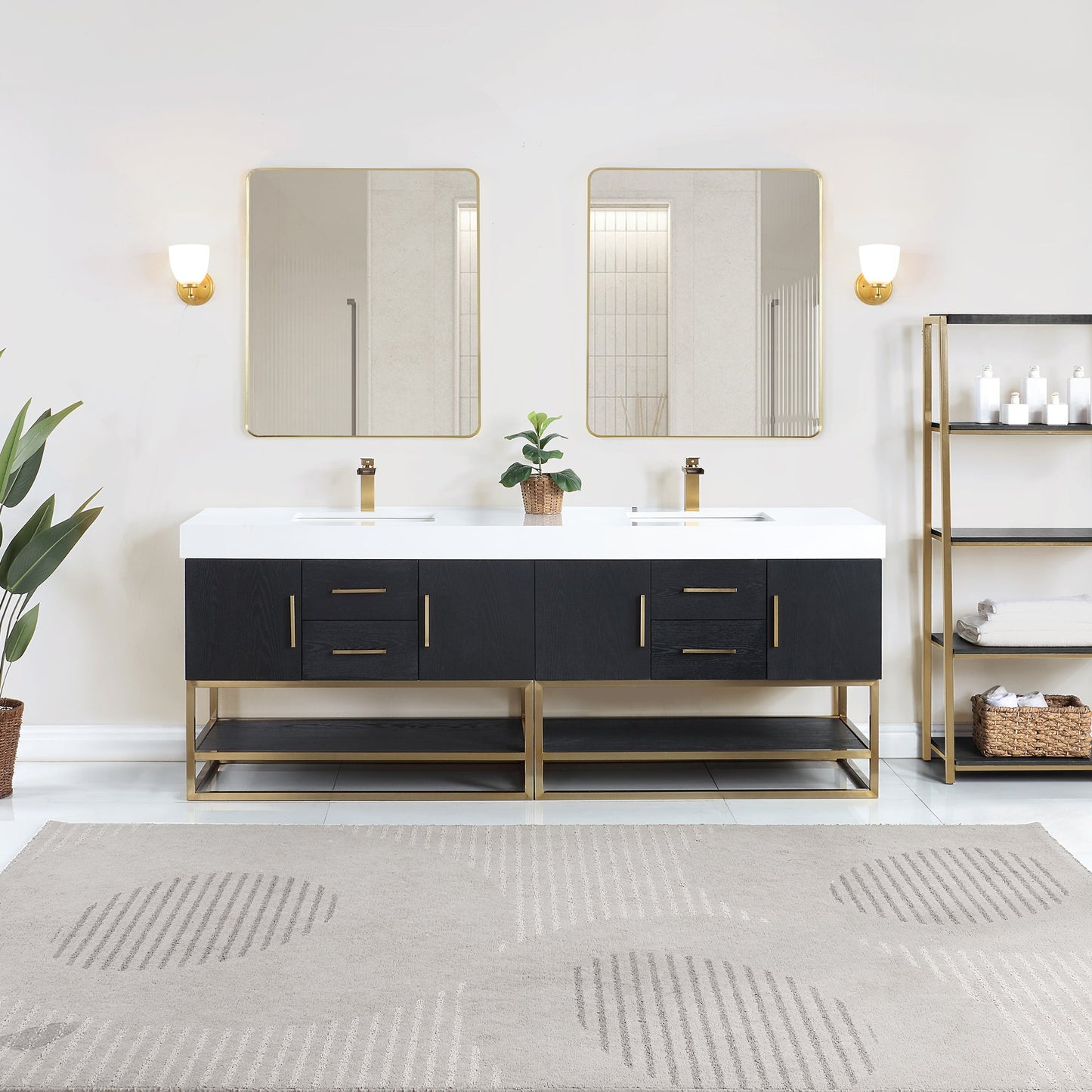 Bianco 84" Double Bathroom Vanity in Black Oak with Brushed Gold Support Base and White Engineered Stone Countertop with Mirror