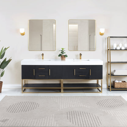 Bianco 84" Double Bathroom Vanity in Black Oak with Brushed Gold Support Base and White Engineered Stone Countertop with Mirror