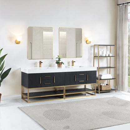Bianco 84" Double Bathroom Vanity in Black Oak with Brushed Gold Support Base and White Engineered Stone Countertop with Mirror