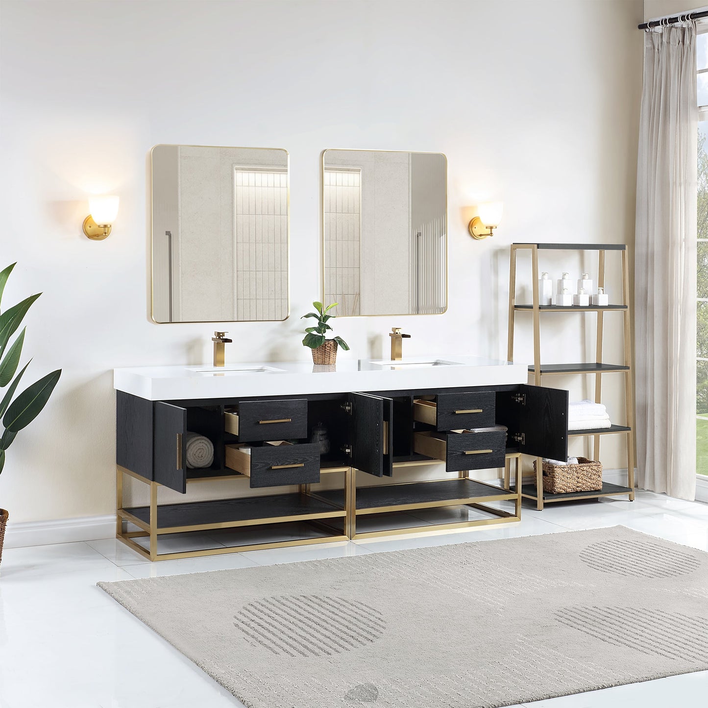 Bianco 84" Double Bathroom Vanity in Black Oak with Brushed Gold Support Base and White Engineered Stone Countertop with Mirror