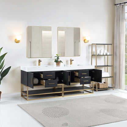 Bianco 84" Double Bathroom Vanity in Black Oak with Brushed Gold Support Base and White Engineered Stone Countertop with Mirror