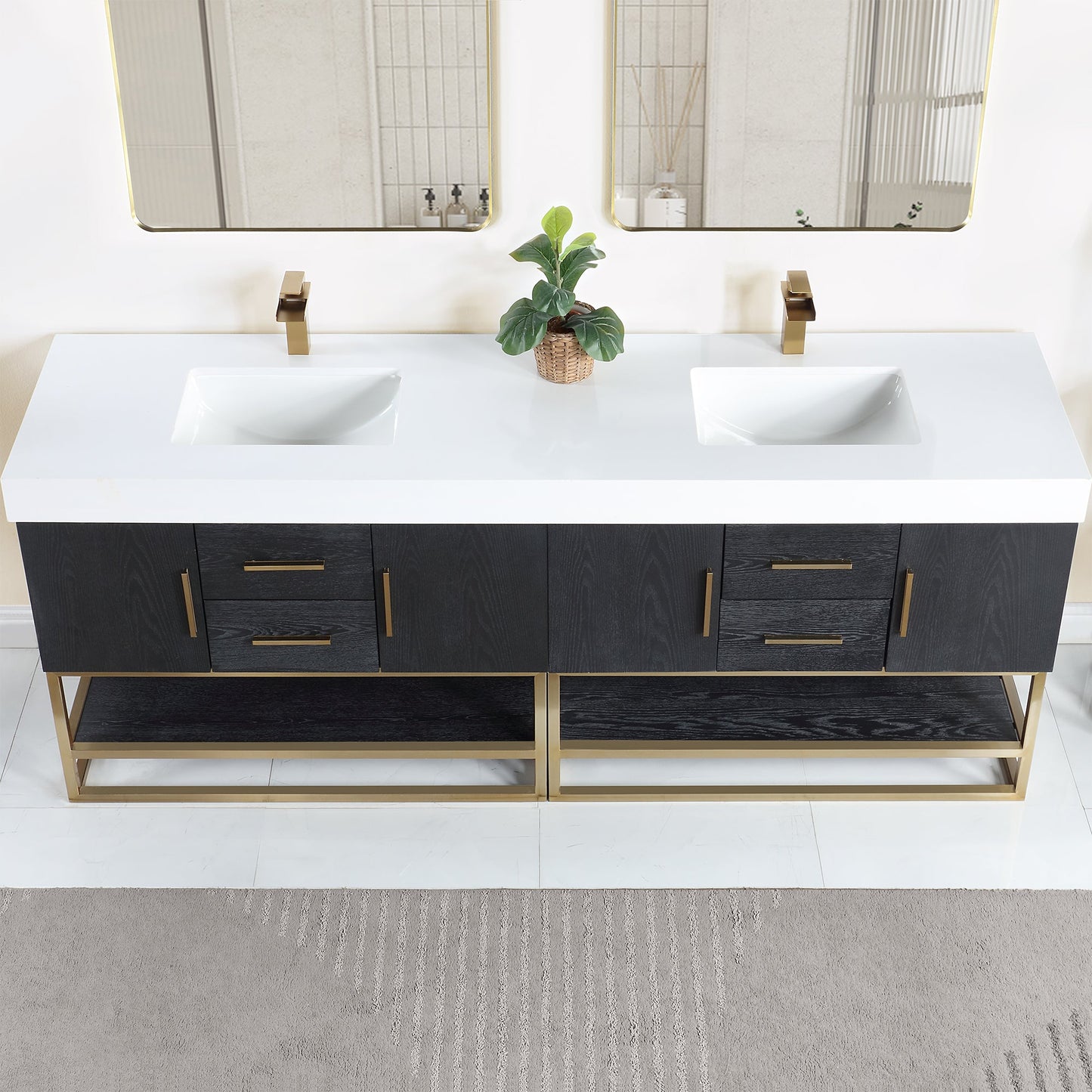 Bianco 84" Double Bathroom Vanity in Black Oak with Brushed Gold Support Base and White Engineered Stone Countertop with Mirror