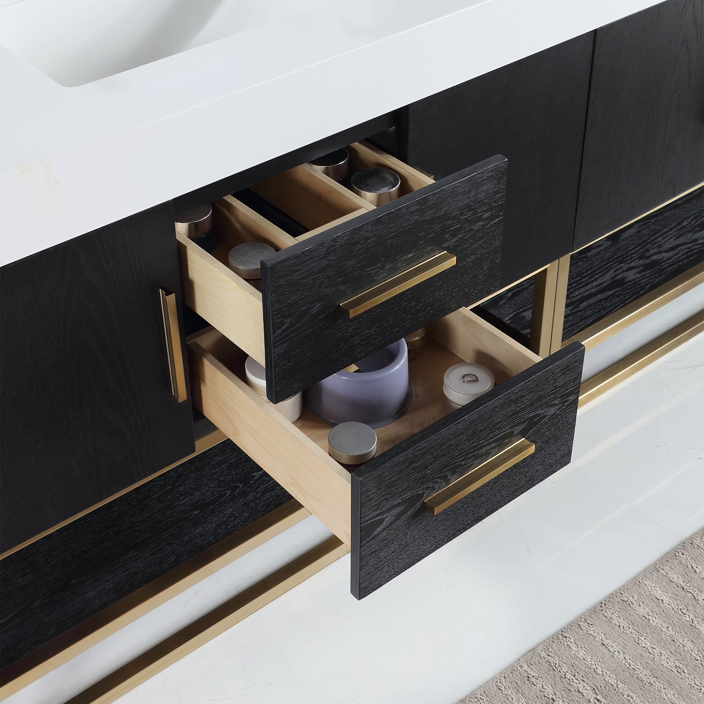 Bianco 84" Double Bathroom Vanity in Black Oak with Brushed Gold Support Base and White Engineered Stone Countertop with Mirror