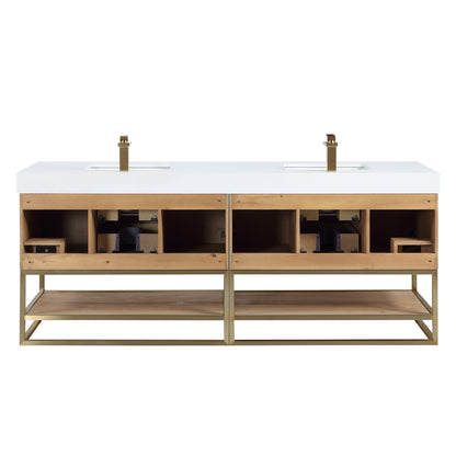 Bianco 84" Double Bathroom Vanity in Light Brown with Brushed Gold Support Base and White Engineered Stone Countertop without Mirror
