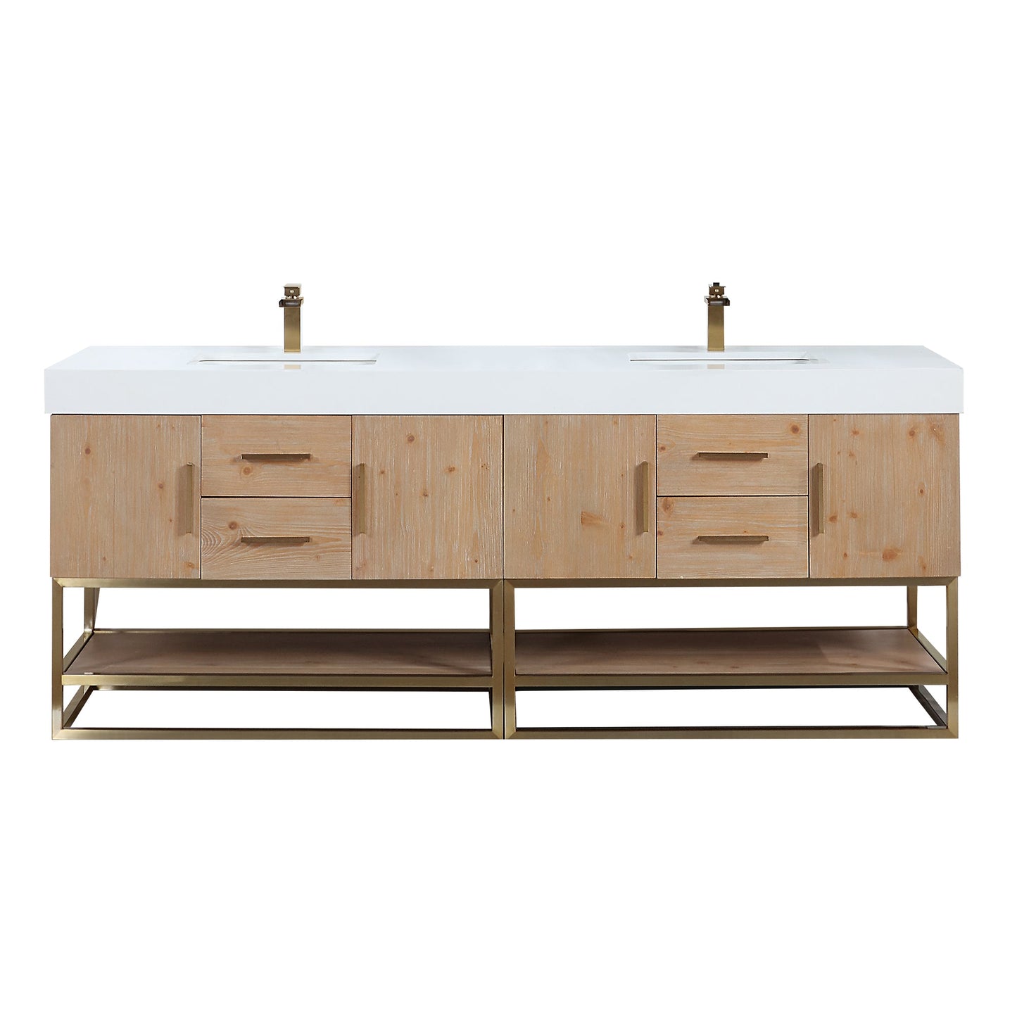Bianco 84" Double Bathroom Vanity in Light Brown with Brushed Gold Support Base and White Engineered Stone Countertop without Mirror