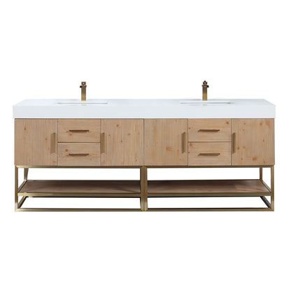 Bianco 84" Double Bathroom Vanity in Light Brown with Brushed Gold Support Base and White Engineered Stone Countertop without Mirror