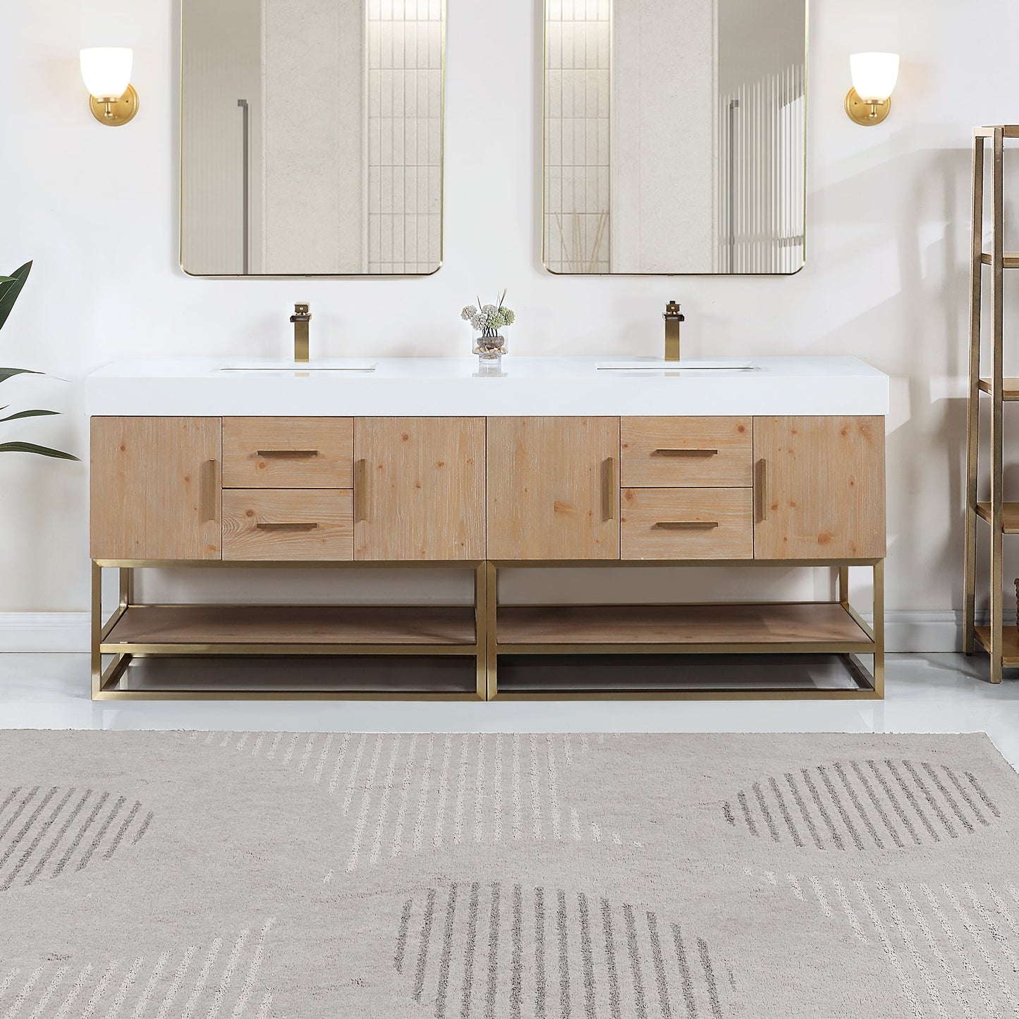 Bianco 84" Double Bathroom Vanity in Light Brown with Brushed Gold Support Base and White Engineered Stone Countertop without Mirror