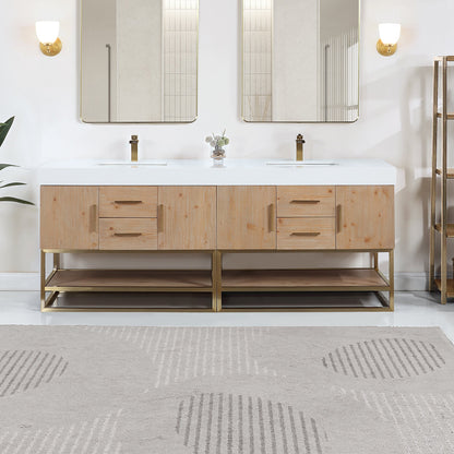 Bianco 84" Double Bathroom Vanity in Light Brown with Brushed Gold Support Base and White Engineered Stone Countertop without Mirror
