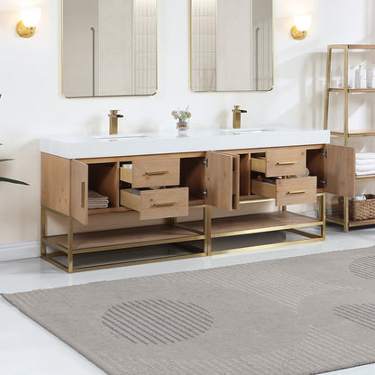 Bianco 84" Double Bathroom Vanity in Light Brown with Brushed Gold Support Base and White Engineered Stone Countertop without Mirror